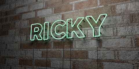 RICKY - Glowing Neon Sign on stonework wall - 3D rendered royalty free stock illustration.  Can be used for online banner ads and direct mailers..