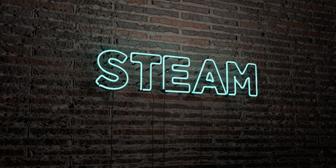 STEAM -Realistic Neon Sign on Brick Wall background - 3D rendered royalty free stock image. Can be used for online banner ads and direct mailers..