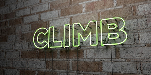 CLIMB - Glowing Neon Sign on stonework wall - 3D rendered royalty free stock illustration.  Can be used for online banner ads and direct mailers..