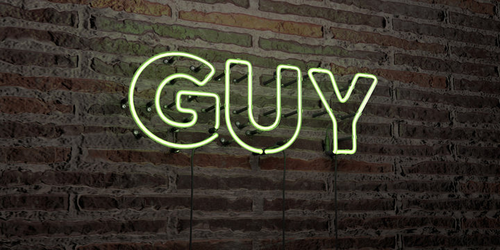 GUY -Realistic Neon Sign on Brick Wall background - 3D rendered royalty free stock image. Can be used for online banner ads and direct mailers..