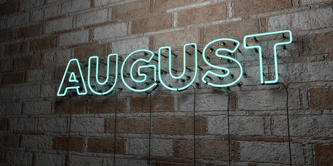 AUGUST - Glowing Neon Sign on stonework wall - 3D rendered royalty free stock illustration.  Can be used for online banner ads and direct mailers..