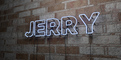 JERRY - Glowing Neon Sign on stonework wall - 3D rendered royalty free stock illustration.  Can be used for online banner ads and direct mailers..