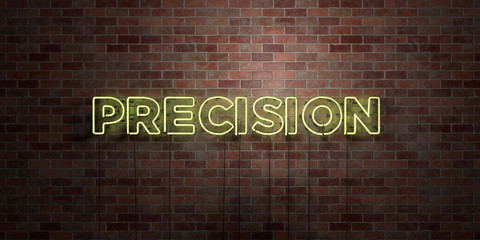 PRECISION - fluorescent Neon tube Sign on brickwork - Front view - 3D rendered royalty free stock picture. Can be used for online banner ads and direct mailers..