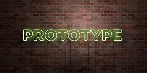 PROTOTYPE - fluorescent Neon tube Sign on brickwork - Front view - 3D rendered royalty free stock picture. Can be used for online banner ads and direct mailers..