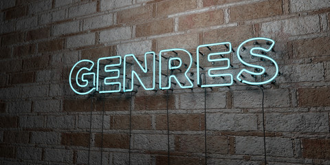 GENRES - Glowing Neon Sign on stonework wall - 3D rendered royalty free stock illustration.  Can be used for online banner ads and direct mailers..