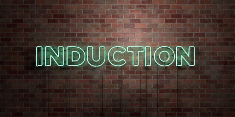 INDUCTION - fluorescent Neon tube Sign on brickwork - Front view - 3D rendered royalty free stock picture. Can be used for online banner ads and direct mailers..