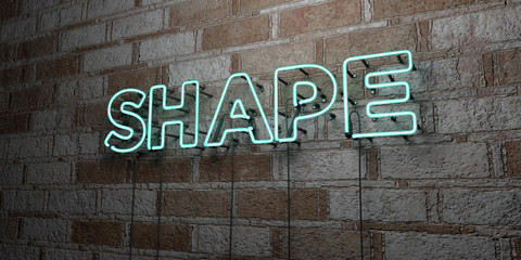 SHAPE - Glowing Neon Sign on stonework wall - 3D rendered royalty free stock illustration.  Can be used for online banner ads and direct mailers..