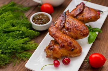Marinated chicken wings in Japanese. On a wooden table. Top view. Close-up
