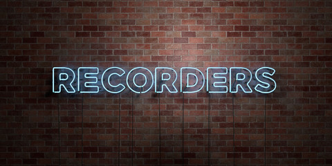RECORDERS - fluorescent Neon tube Sign on brickwork - Front view - 3D rendered royalty free stock picture. Can be used for online banner ads and direct mailers..