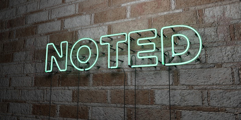 NOTED - Glowing Neon Sign on stonework wall - 3D rendered royalty free stock illustration.  Can be used for online banner ads and direct mailers..