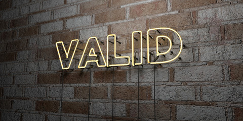 VALID - Glowing Neon Sign on stonework wall - 3D rendered royalty free stock illustration.  Can be used for online banner ads and direct mailers..