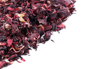 Heap of dry tea on white background