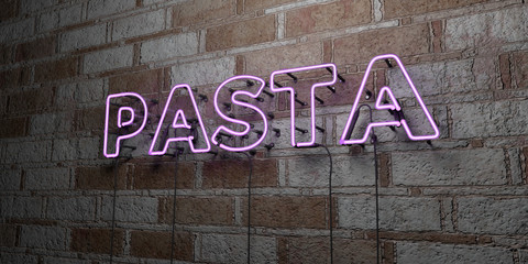 PASTA - Glowing Neon Sign on stonework wall - 3D rendered royalty free stock illustration.  Can be used for online banner ads and direct mailers..