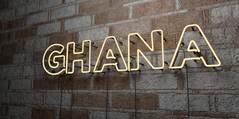 GHANA - Glowing Neon Sign on stonework wall - 3D rendered royalty free stock illustration.  Can be used for online banner ads and direct mailers..