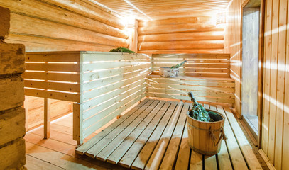Russian sauna banya with water and birch broom