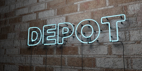 DEPOT - Glowing Neon Sign on stonework wall - 3D rendered royalty free stock illustration.  Can be used for online banner ads and direct mailers..