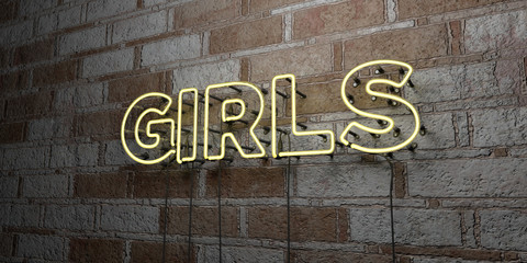 GIRLS - Glowing Neon Sign on stonework wall - 3D rendered royalty free stock illustration.  Can be used for online banner ads and direct mailers..