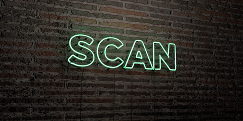SCAN -Realistic Neon Sign on Brick Wall background - 3D rendered royalty free stock image. Can be used for online banner ads and direct mailers..
