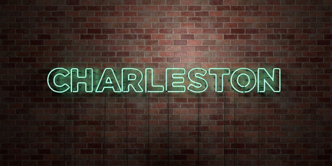 CHARLESTON - fluorescent Neon tube Sign on brickwork - Front view - 3D rendered royalty free stock picture. Can be used for online banner ads and direct mailers..