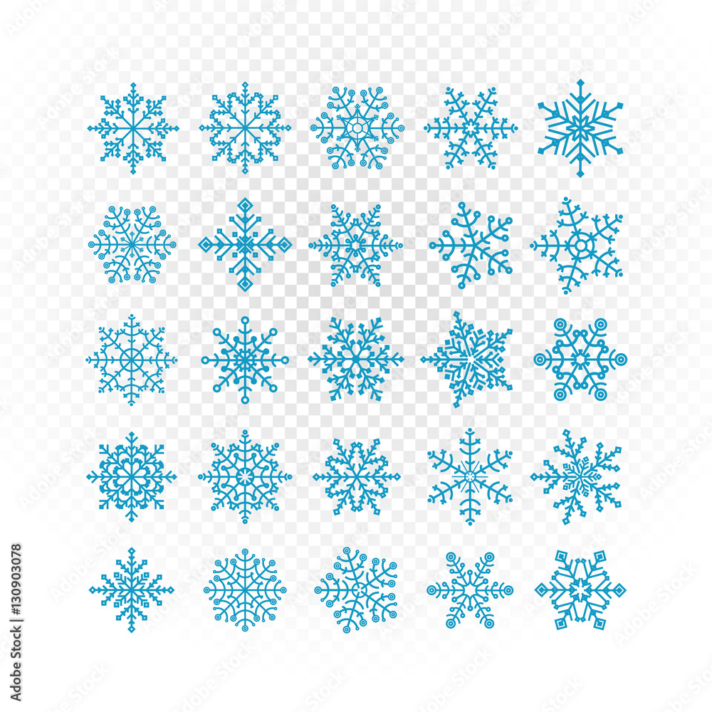Poster Different vector snowflakes collection isolated on transparent.
