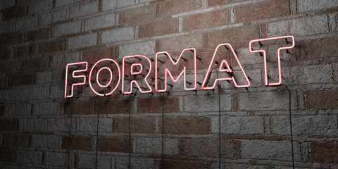 FORMAT - Glowing Neon Sign on stonework wall - 3D rendered royalty free stock illustration.  Can be used for online banner ads and direct mailers..
