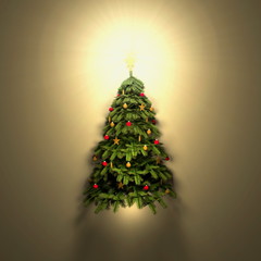 3d rendering illustration of illuminated green Christmas tree with ornaments