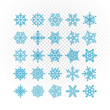 Different vector snowflakes collection isolated on transparent.