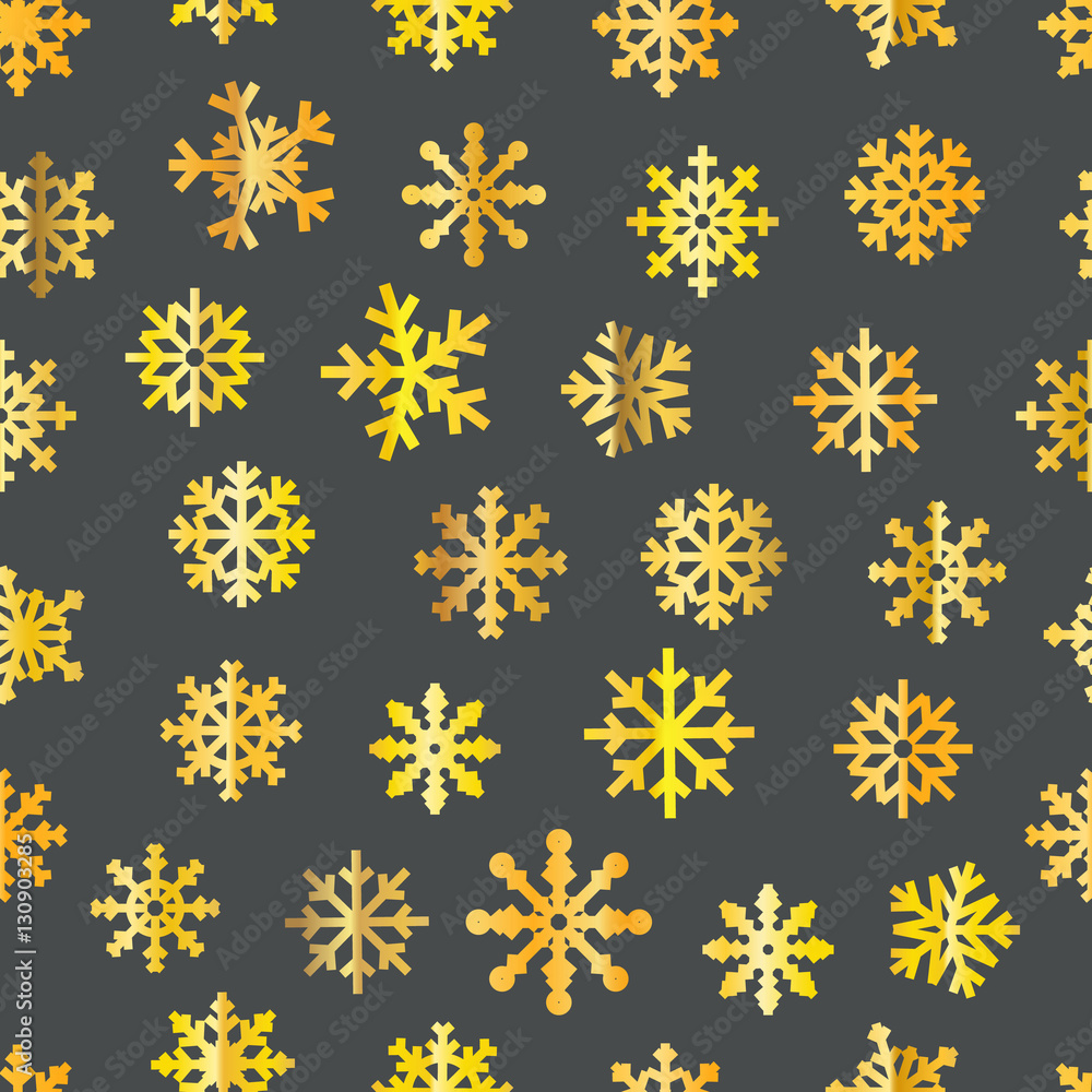 Poster different golden vector snowflakes seamless pattern. vector ice