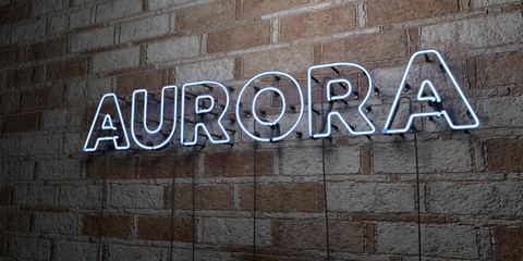 AURORA - Glowing Neon Sign on stonework wall - 3D rendered royalty free stock illustration.  Can be used for online banner ads and direct mailers..