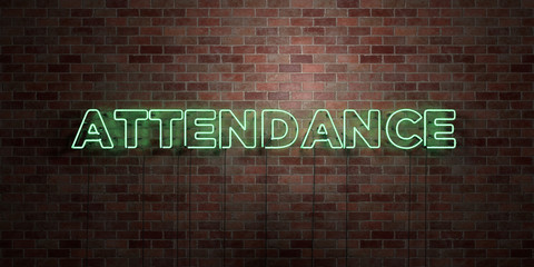 ATTENDANCE - fluorescent Neon tube Sign on brickwork - Front view - 3D rendered royalty free stock picture. Can be used for online banner ads and direct mailers..