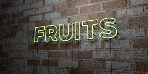 FRUITS - Glowing Neon Sign on stonework wall - 3D rendered royalty free stock illustration.  Can be used for online banner ads and direct mailers..