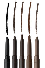 Cosmetic eyebrow pencils with color stroke samples, five different colors of beauty product isolated on white background, clipping paths included