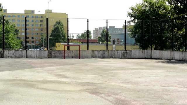obsolete football playground in the suburb - prefab housing estate 