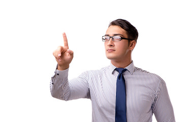 Young handsome businessman pressing buttons isolated on white