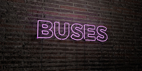 BUSES -Realistic Neon Sign on Brick Wall background - 3D rendered royalty free stock image. Can be used for online banner ads and direct mailers..