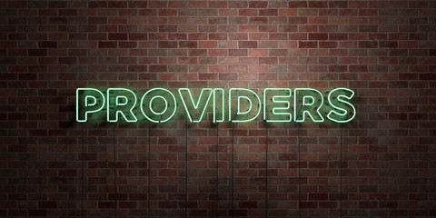 PROVIDERS - fluorescent Neon tube Sign on brickwork - Front view - 3D rendered royalty free stock picture. Can be used for online banner ads and direct mailers..