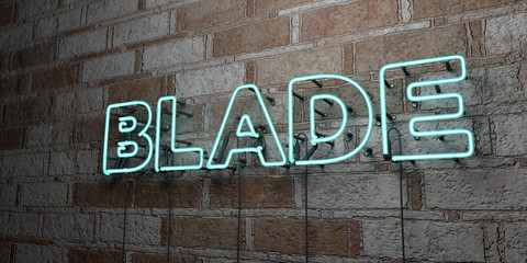 BLADE - Glowing Neon Sign on stonework wall - 3D rendered royalty free stock illustration.  Can be used for online banner ads and direct mailers..