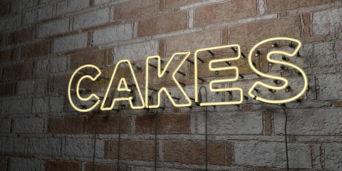 CAKES - Glowing Neon Sign on stonework wall - 3D rendered royalty free stock illustration.  Can be used for online banner ads and direct mailers..