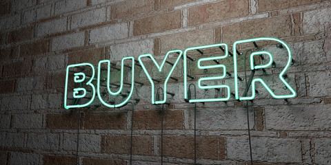 BUYER - Glowing Neon Sign on stonework wall - 3D rendered royalty free stock illustration.  Can be used for online banner ads and direct mailers..