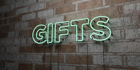 GIFTS - Glowing Neon Sign on stonework wall - 3D rendered royalty free stock illustration.  Can be used for online banner ads and direct mailers..