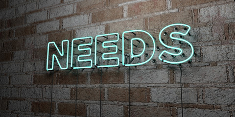 NEEDS - Glowing Neon Sign on stonework wall - 3D rendered royalty free stock illustration.  Can be used for online banner ads and direct mailers..