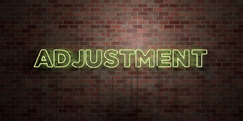 ADJUSTMENT - fluorescent Neon tube Sign on brickwork - Front view - 3D rendered royalty free stock picture. Can be used for online banner ads and direct mailers..