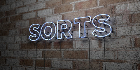 SORTS - Glowing Neon Sign on stonework wall - 3D rendered royalty free stock illustration.  Can be used for online banner ads and direct mailers..