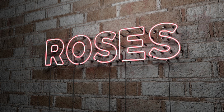 ROSES - Glowing Neon Sign on stonework wall - 3D rendered royalty free stock illustration.  Can be used for online banner ads and direct mailers..