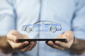 Businessman hand tablet and car on white background