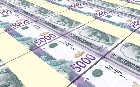 Serbian dinar bills stacks background. 3D illustration.