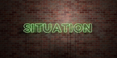 SITUATION - fluorescent Neon tube Sign on brickwork - Front view - 3D rendered royalty free stock picture. Can be used for online banner ads and direct mailers.. - obrazy, fototapety, plakaty