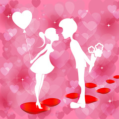 Red background with a silhouette of  boy and girl