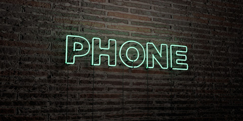 PHONE -Realistic Neon Sign on Brick Wall background - 3D rendered royalty free stock image. Can be used for online banner ads and direct mailers..