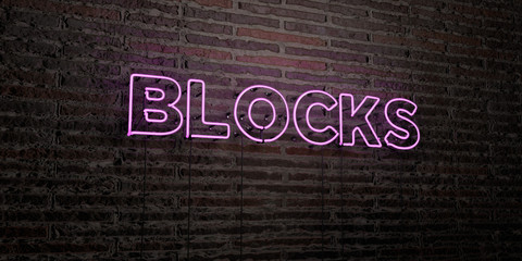 BLOCKS -Realistic Neon Sign on Brick Wall background - 3D rendered royalty free stock image. Can be used for online banner ads and direct mailers..